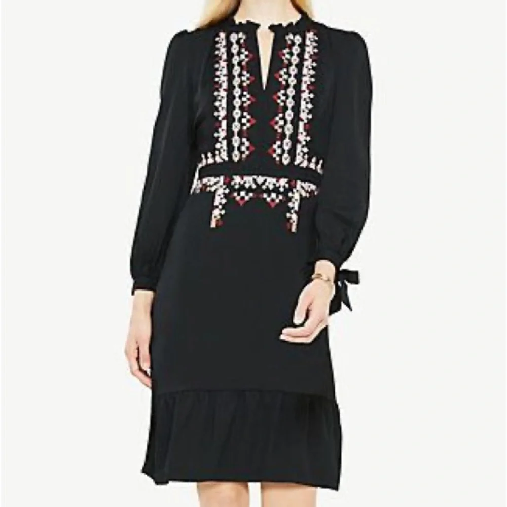 Ann Taylor Black Long Sleeve Boho Dress with Embroidery - Picture 1 of 10